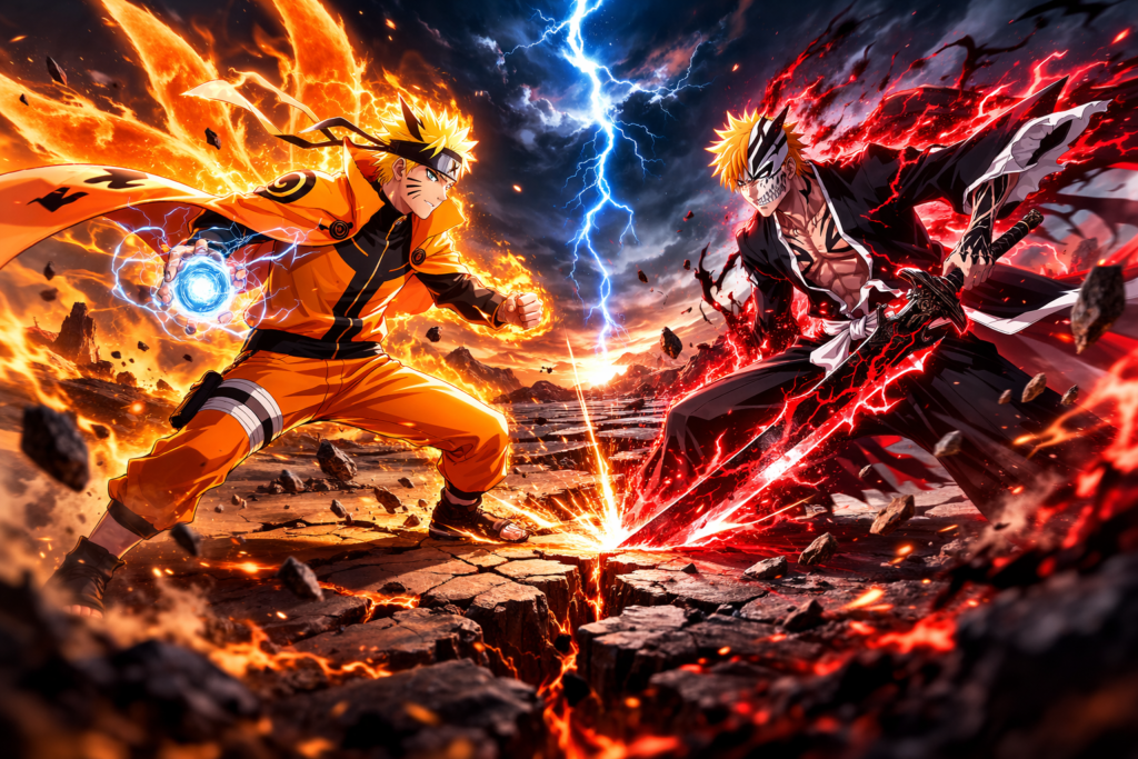 Kurama chakra clashes against Ichigo’s dark spiritual energy,