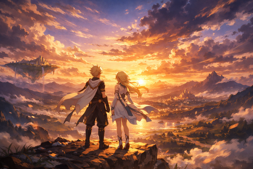 Scene of the twin protagonists overlooking the magical world of Teyvat at sunset.