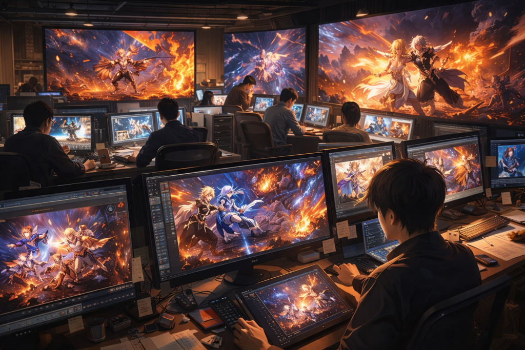 An inside look at a professional anime studio environment, symbolizing ufotable’s involvement in the Genshin Impact anime project