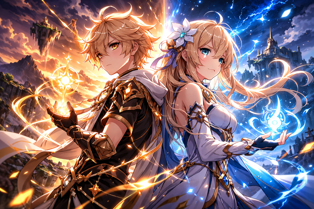 Reveal of the twin protagonists surrounded by magical energy