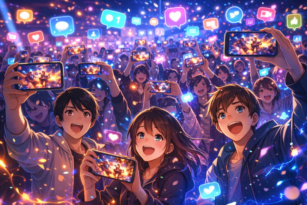 An energetic scene capturing the global excitement of fans reacting online to ufotable’s first Genshin Impact anime teaser, representing the massive buzz across social media.
