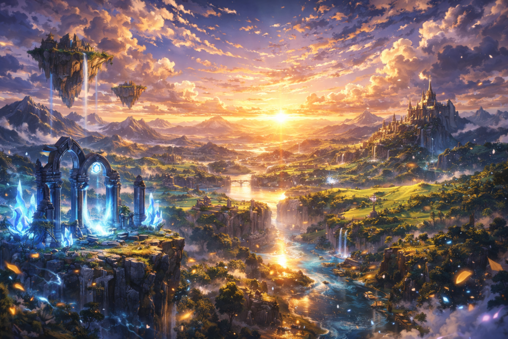 A stunning wide shot of a magical fantasy world inspired by Teyvat, showcasing the expansive setting that the Genshin Impact anime adaptation is expected to bring to life.