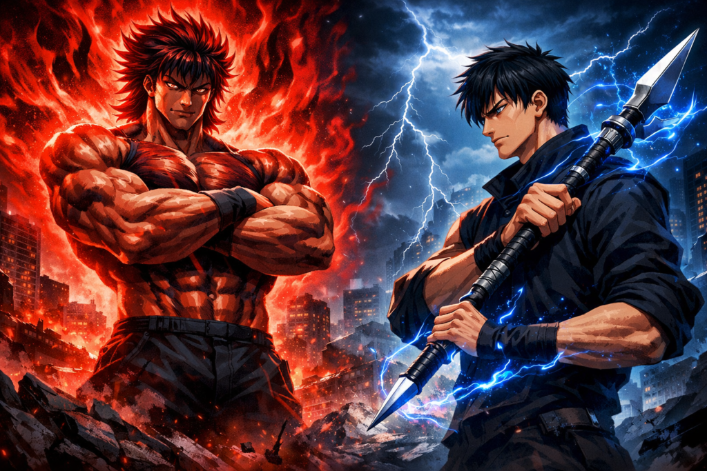 Yujiro Hanma and Toji Fushiguro in an intense pre-battle stare-down, highlighting raw power versus deadly precision.