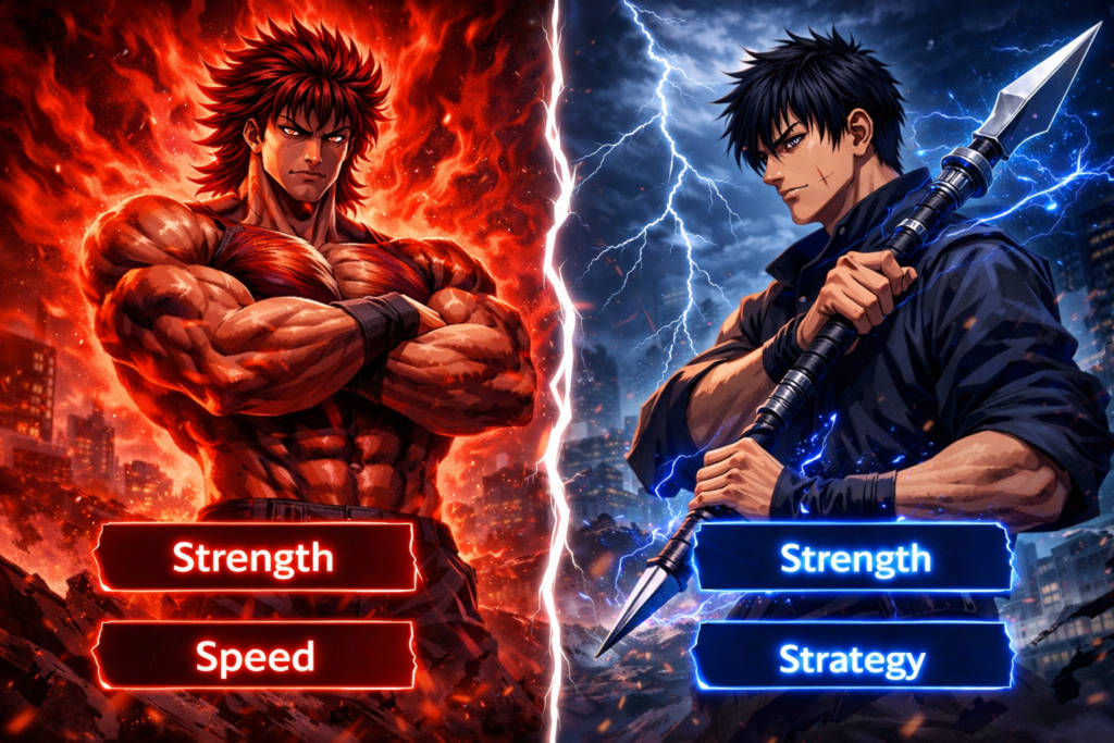 A visually engaging stat comparison highlighting strength, speed, and combat strategy between the two warriors.