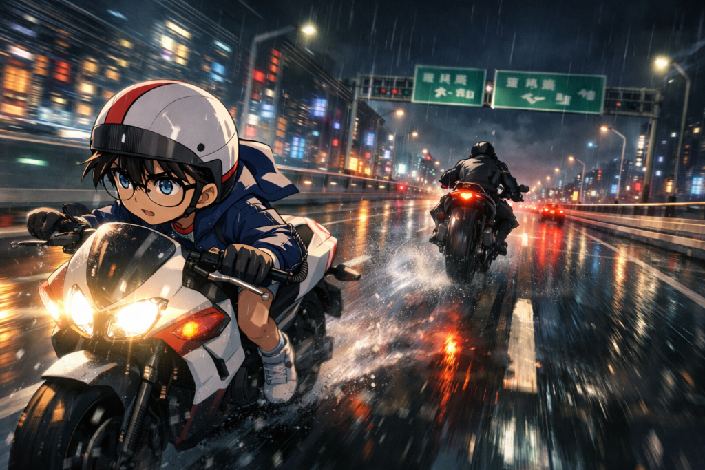 A heart-racing highway chase captures the film’s high-stakes action, setting the tone for danger and mystery in the new Detective Conan movie.