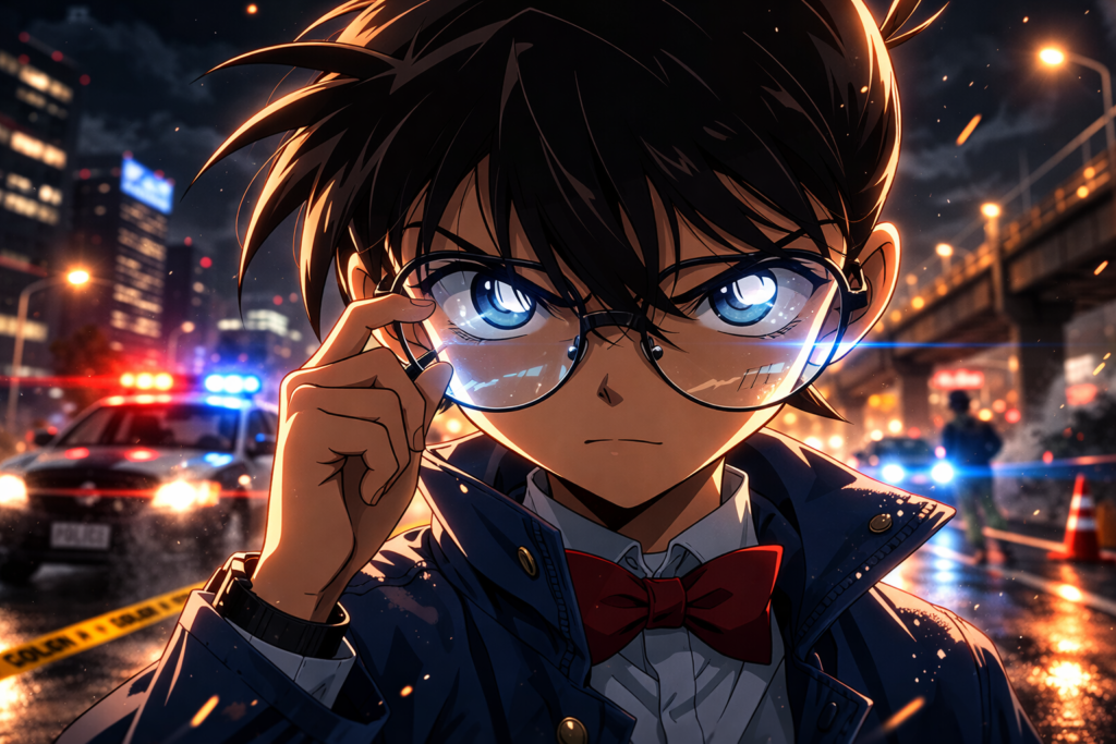A focused moment showcasing Detective Conan’s sharp intellect as he prepares to unravel another complex case.