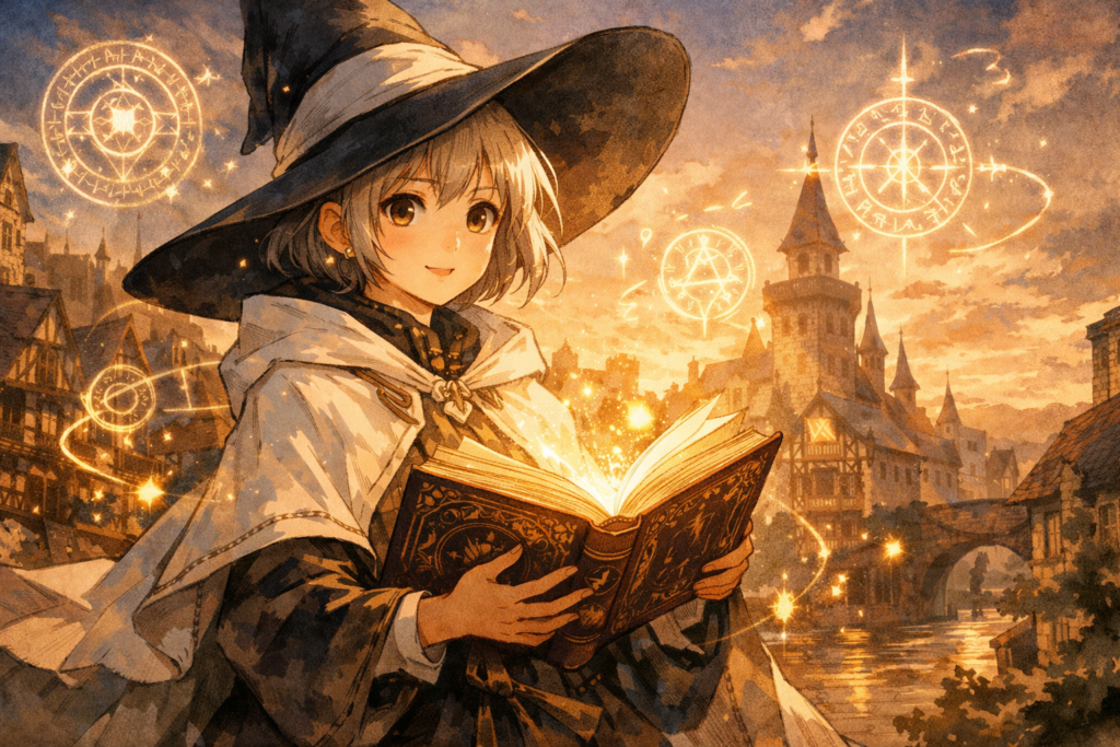 A magical and emotional hero image symbolizing Coco’s journey and the enchanting world of Witch Hat Atelier.