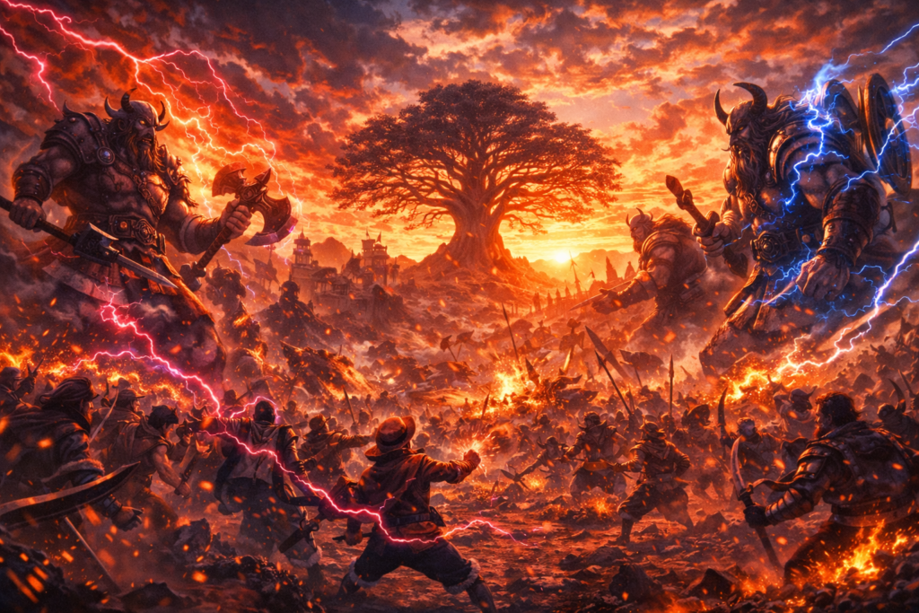 An immersive world-building image that visually represents the chaos of the Elbaph Arc