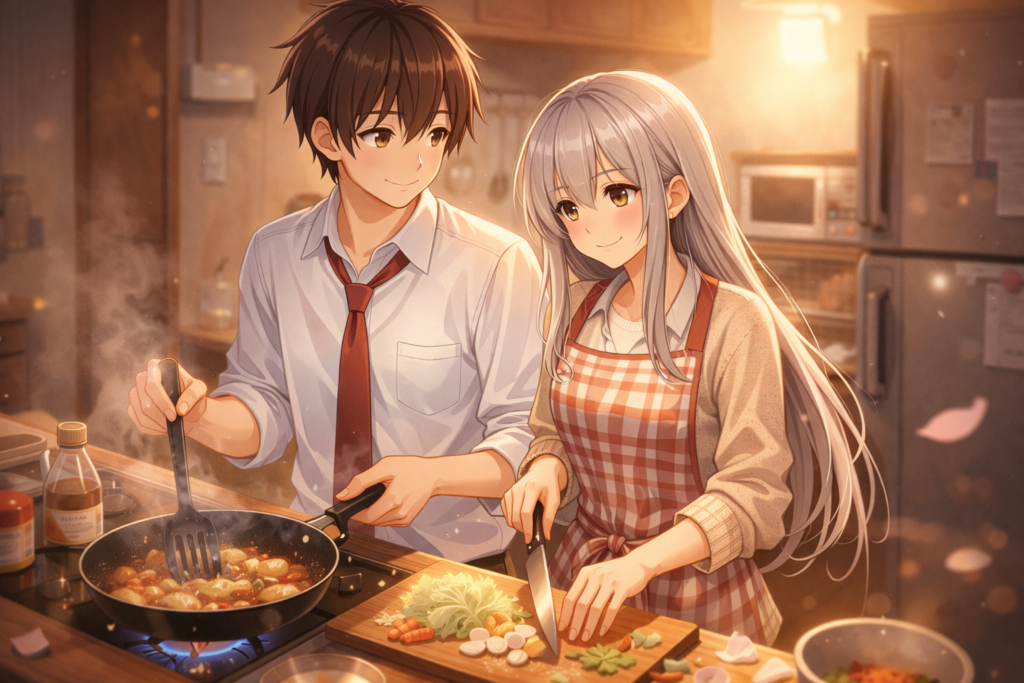 A sweet domestic moment capturing the emotional warmth that defines the series.