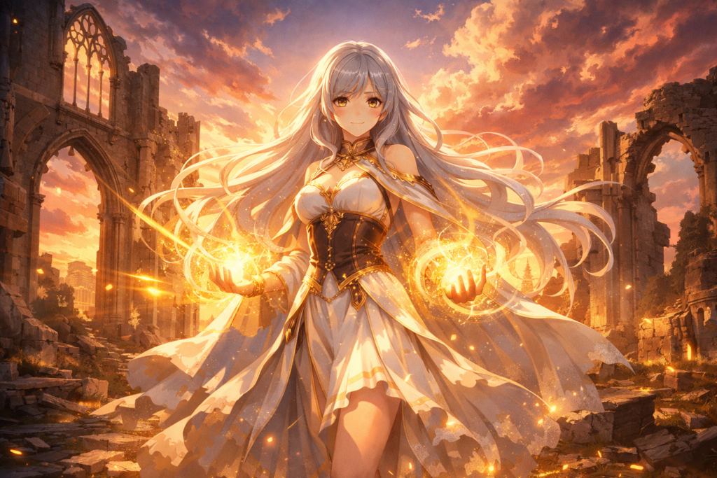 visual showcases the mysterious Saint surrounded by divine golden light, hinting at the overwhelming power she can no longer suppress.