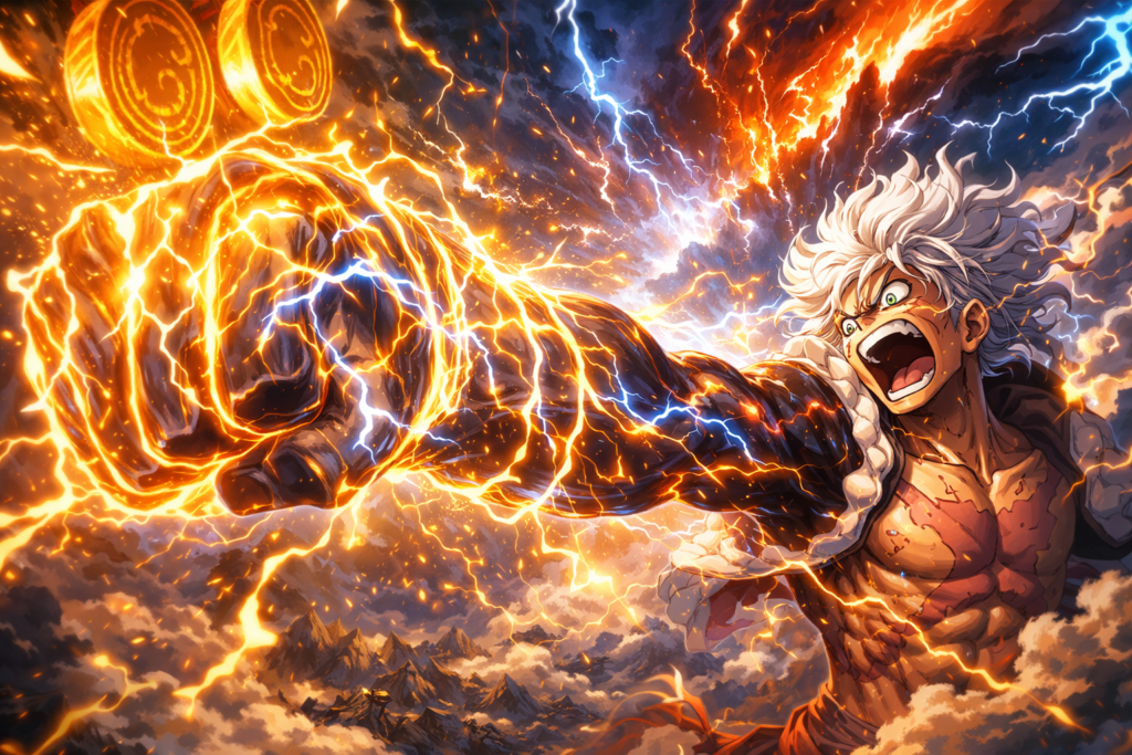 Luffy’s Gear 5 evolves with “Dong Thor Rifle,” combining lightning and liberation into one devastating strike.