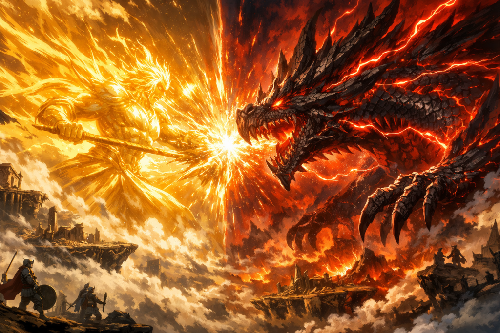 A god-tier visual symbolizing the rebirth of the ancient clash between the Sun God Nika and the Dragon Nidhoggr in Elbaf.