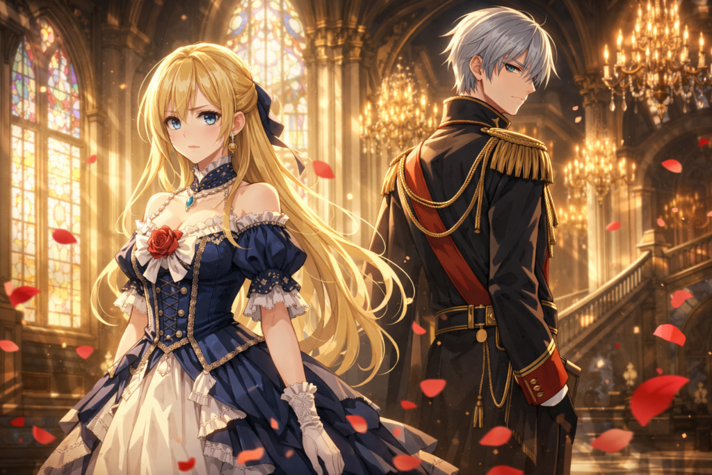 A dramatic romantic fantasy key visual featuring Elsa and Julius inside a grand aristocratic palace