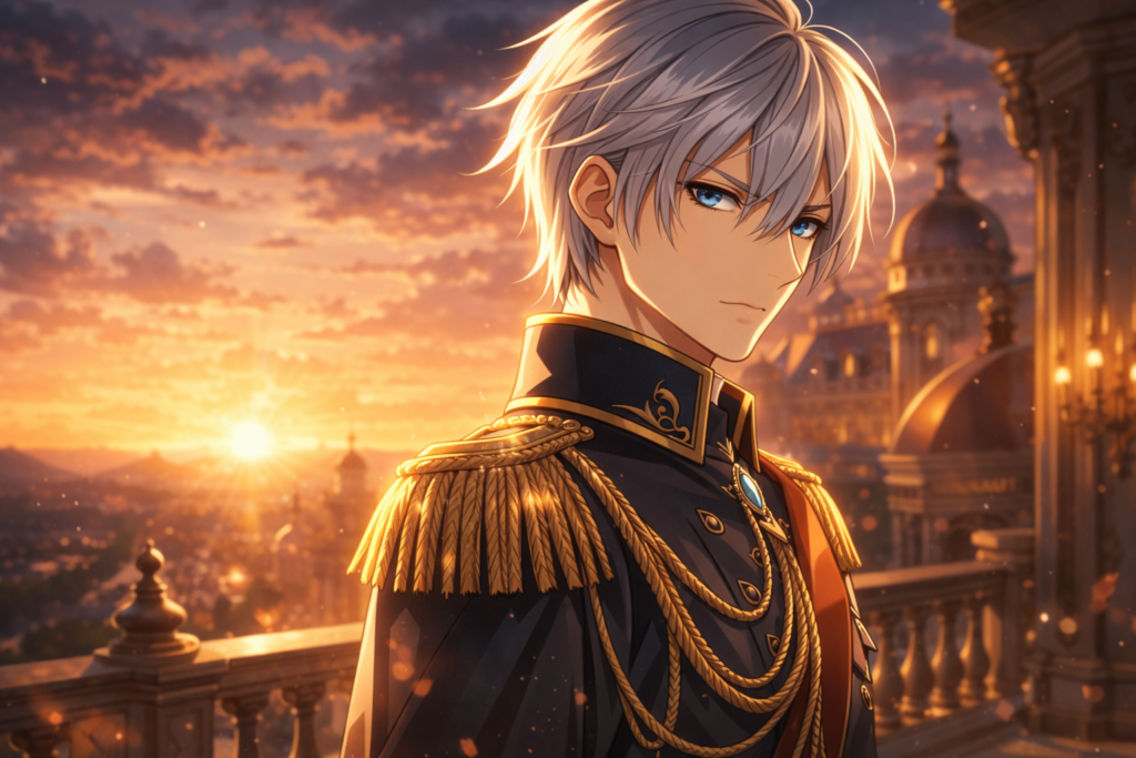 A dramatic character visual highlighting Julius’s aloof personality and noble presence.