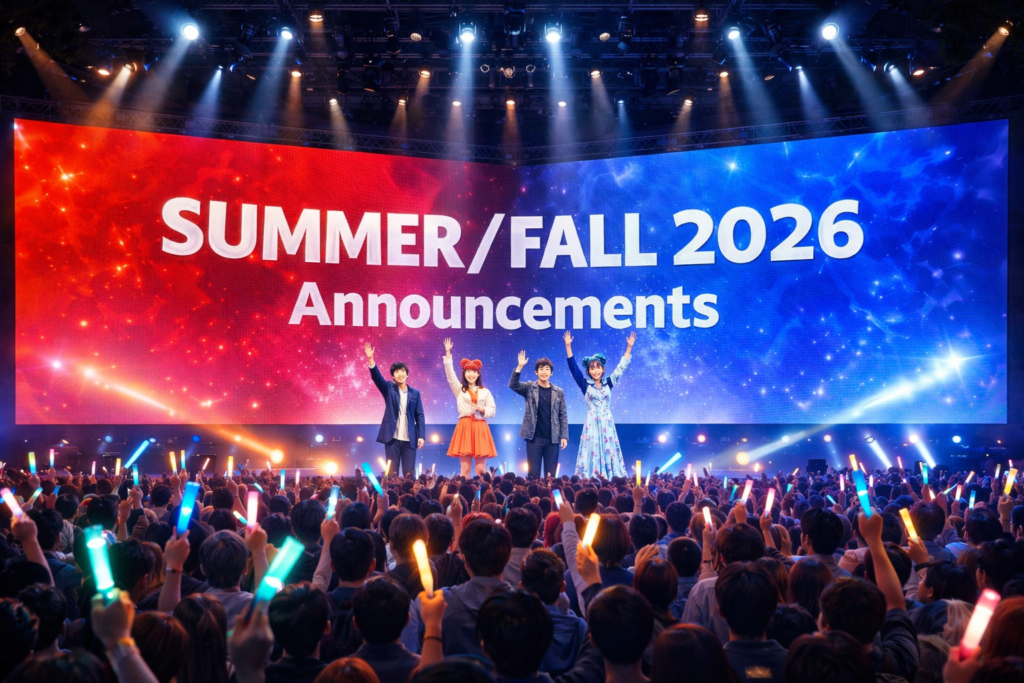 The AJ Stage during a major announcement moment, where Summer and Fall 2026 anime titles are revealed to roaring fans.