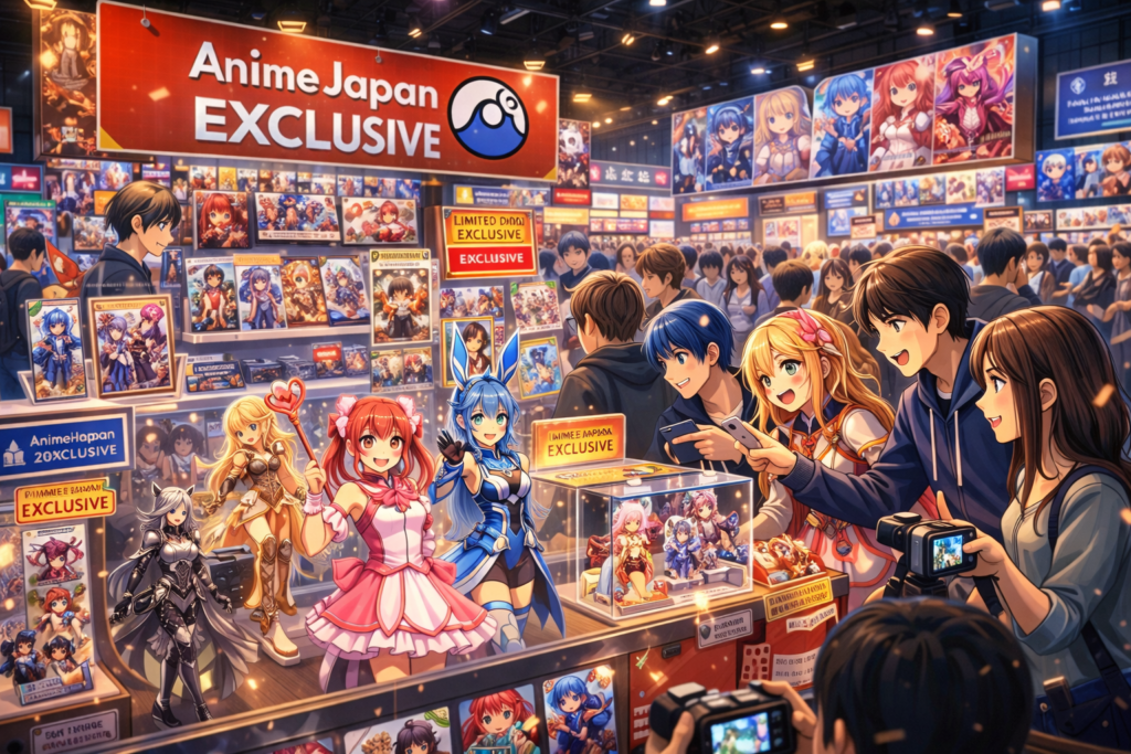 A merchandise paradise filled with event-exclusive collectibles available only during AnimeJapan 2026.
