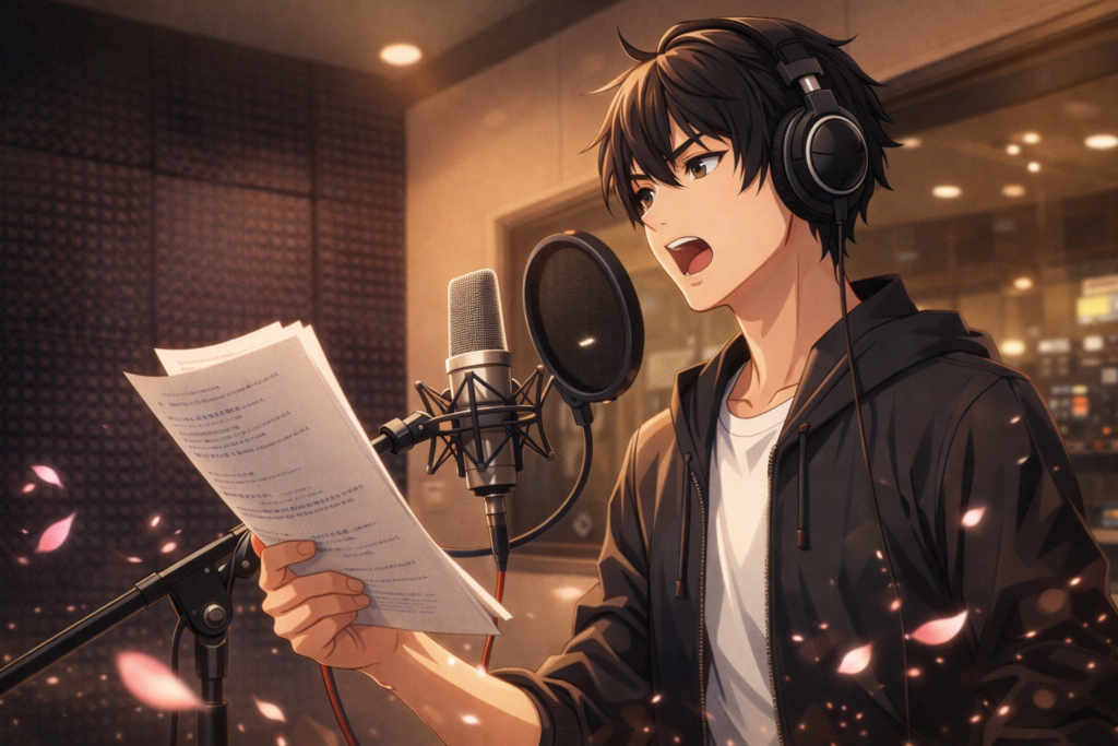 A behind-the-scenes inspired visual representing Jun Fukuyama bringing his character to life in the recording booth.