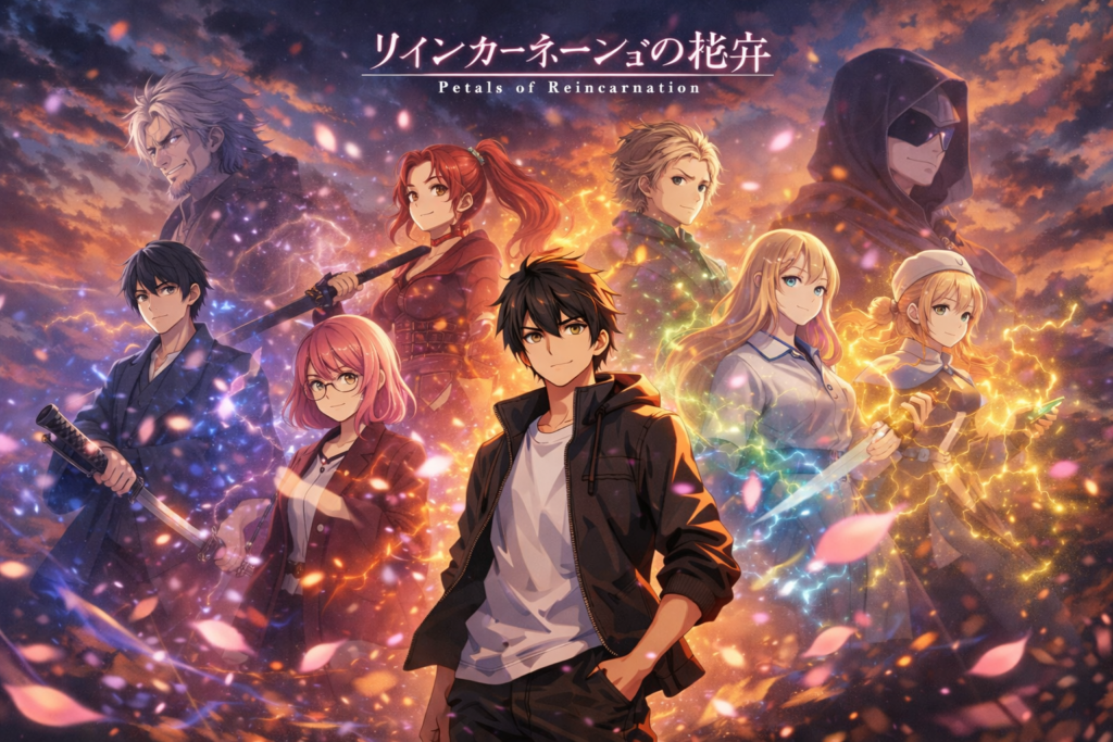 A dynamic cast poster concept highlighting the strong voice lineup and diverse reincarnation abilities in the series.
