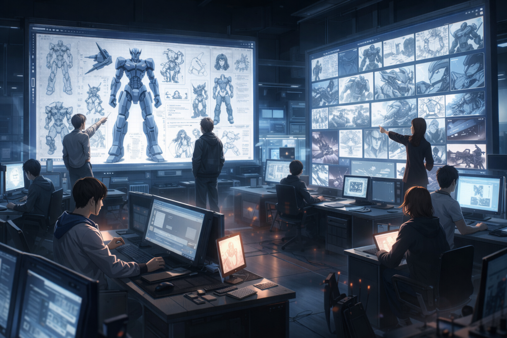 An inside look at a futuristic animation studio, symbolizing the collaboration between Khara and CloverWorks on the new Evangelion series.