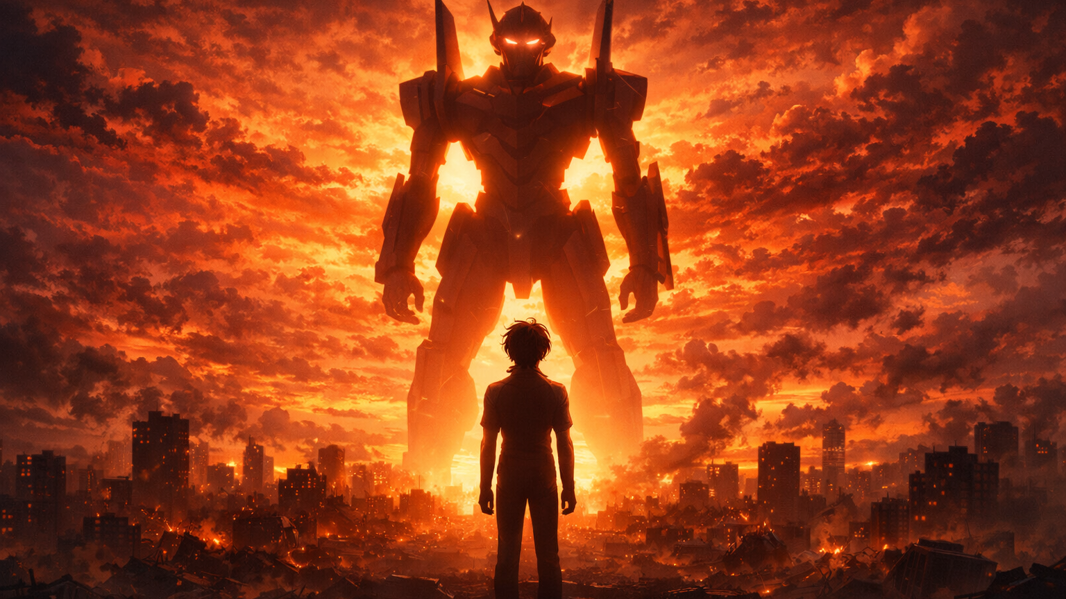 A minimalist teaser poster showing a lone pilot facing a colossal mecha, symbolizing a new era in the Evangelion universe.