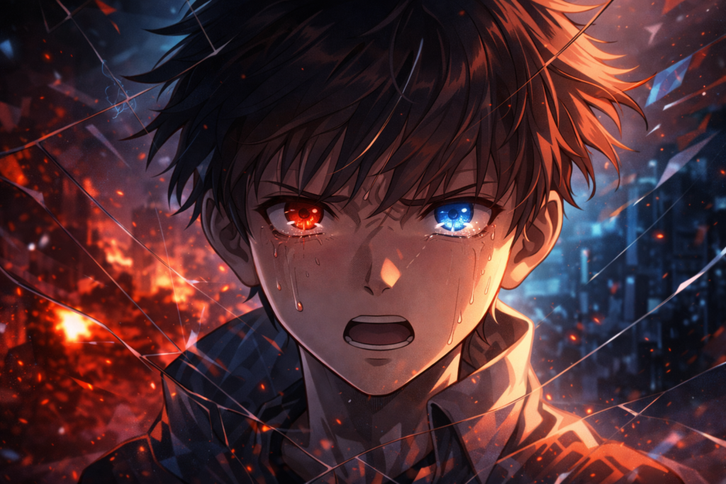 An emotional close-up capturing the psychological depth and inner conflict that defines the Evangelion franchise.