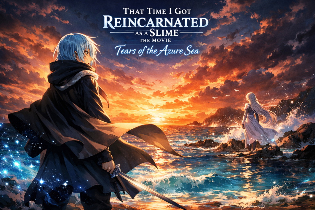 A cinematic key visual capturing Rimuru against the glowing azure sea, symbolizing the emotional and mysterious tone of Tears of the Azure Sea.