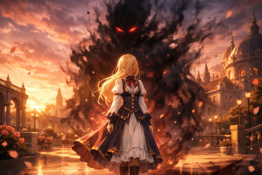 The heroine stands at the crossroads of fate, symbolizing her struggle to avoid a tragic ending in her reincarnated life.