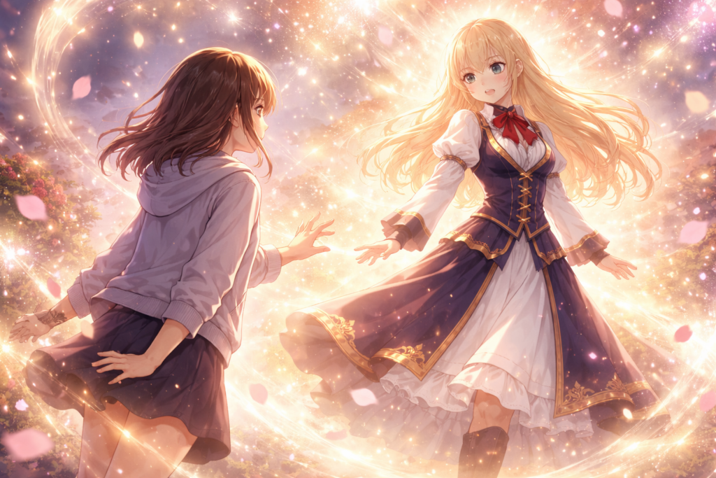 A dramatic visual capturing the moment the protagonist reincarnates into her favorite otome game world.