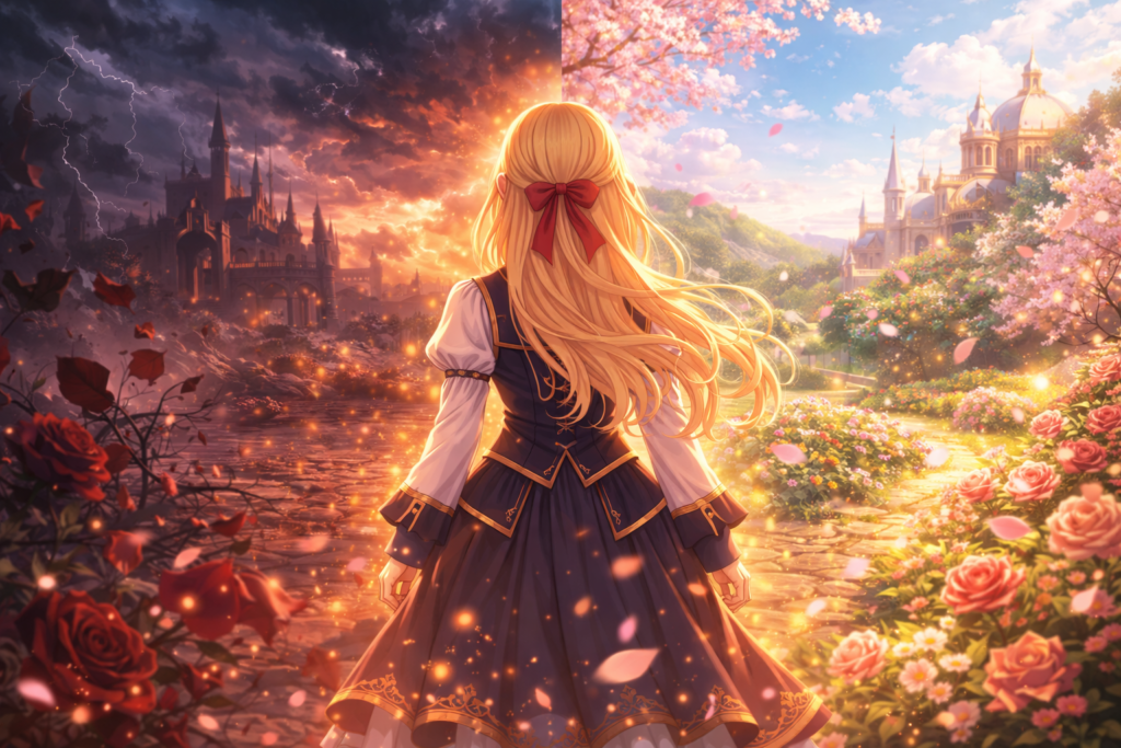 A symbolic image showing the contrast between a tragic bad ending and a hopeful love route.