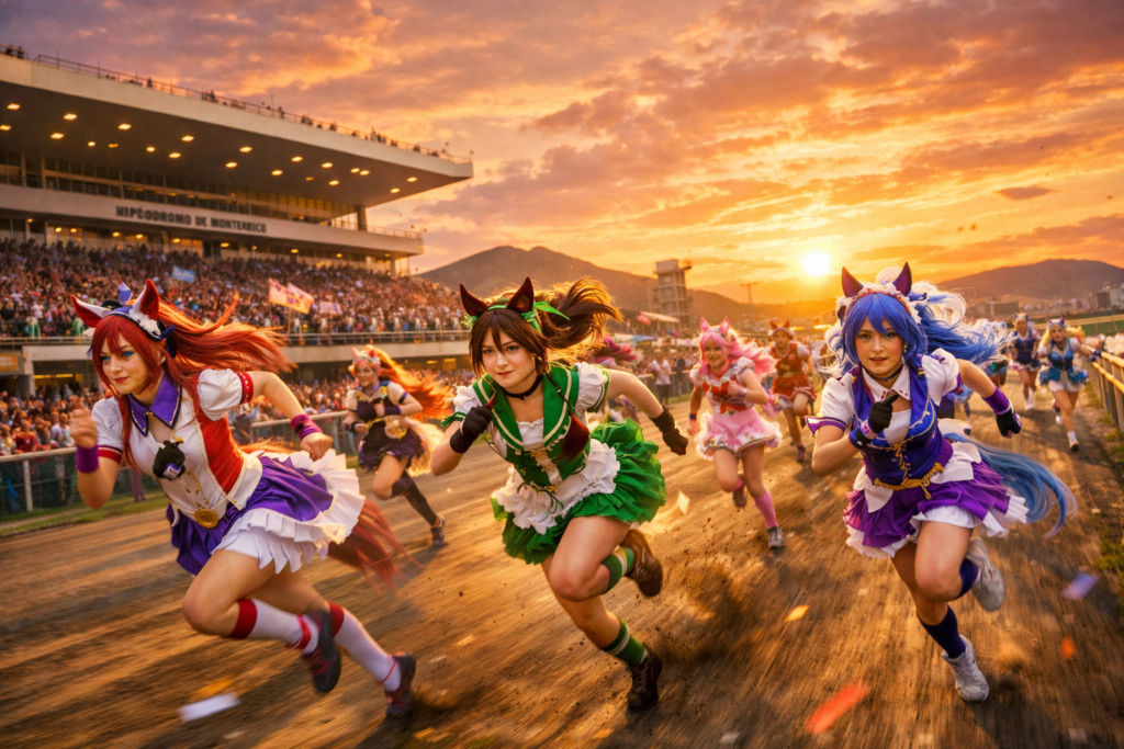 Cosplayers dressed as Umamusume characters sprint at Hipódromo de Monterrico during Peru’s first official cosplay race event.