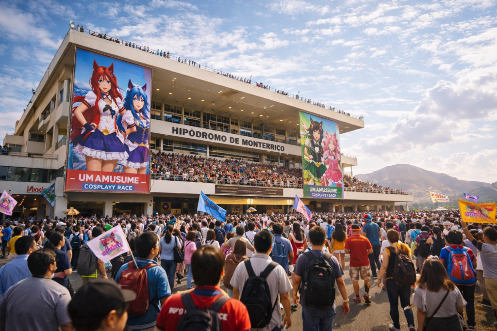 The Hipódromo de Monterrico stadium in Lima hosting Latin America’s first Umamusume cosplay race.