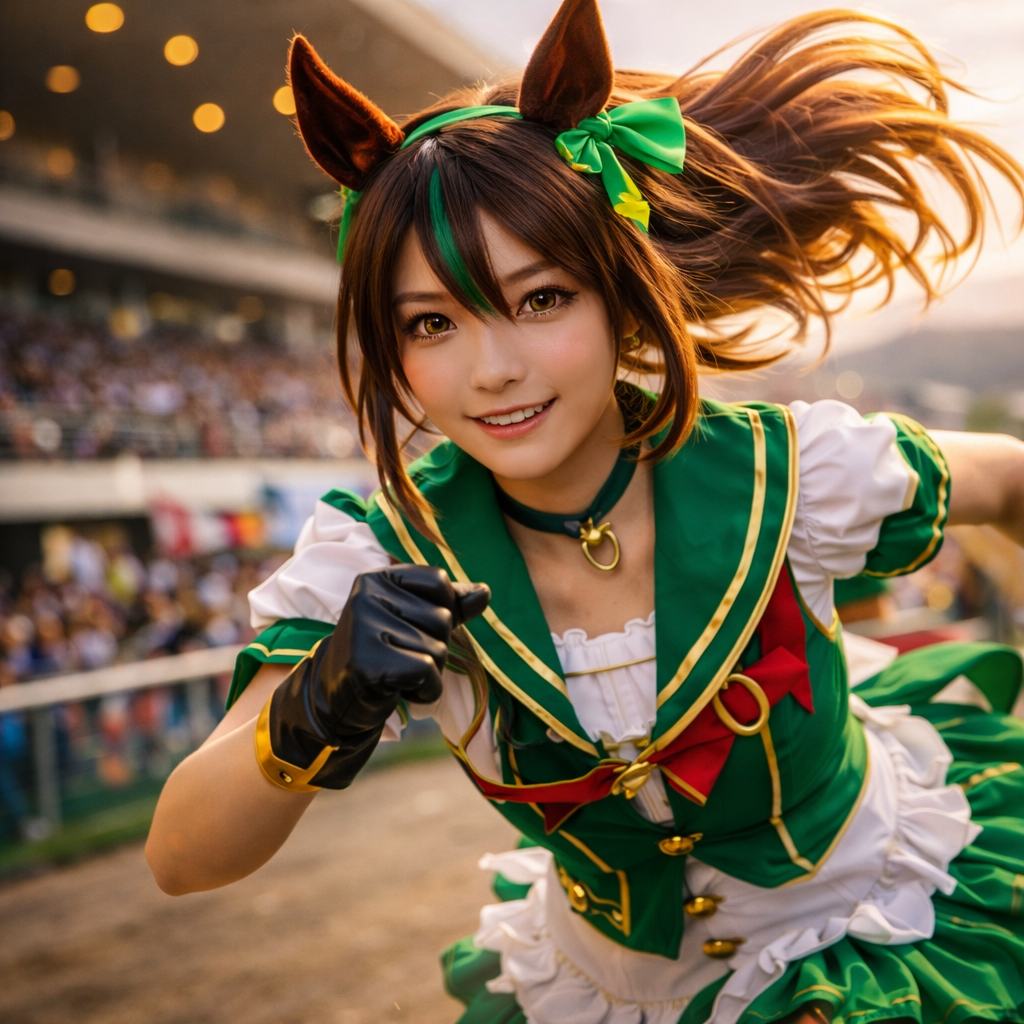 Detailed Umamusume cosplay featuring horse ears and vibrant racing costume during Peru’s fan event.