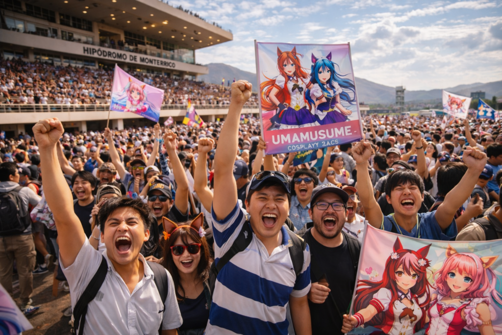 Fans cheering at Peru’s Umamusume cosplay race, blending anime culture with real-world sports.