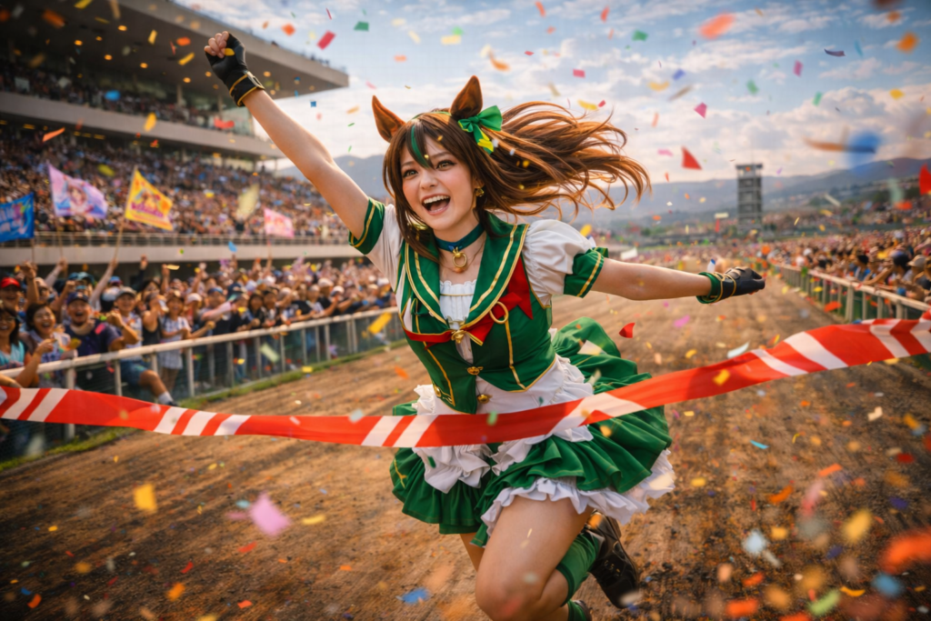 Cosplayer crossing the finish line at Peru’s first officially endorsed Umamusume race event.