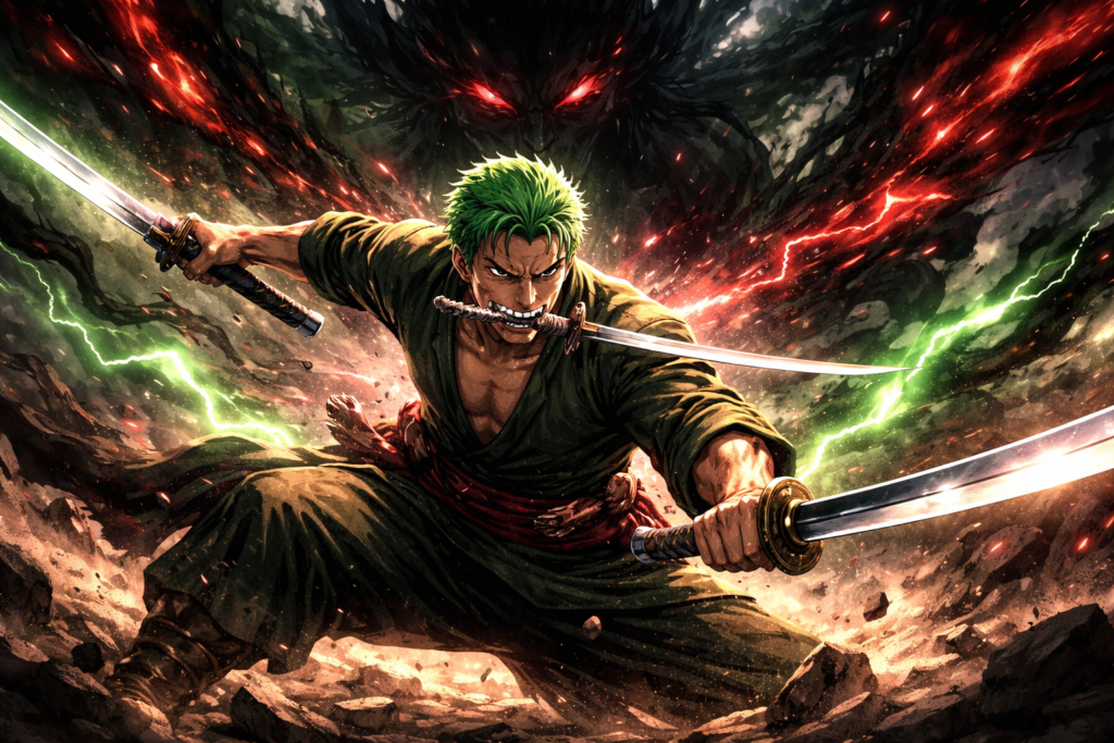 Zoro unleashes his full power with a fierce aura and overwhelming sword pressure.