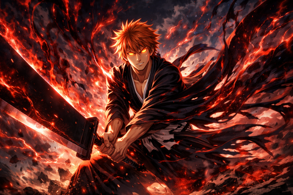 Ichigo enters his Bankai form, surrounded by explosive spiritual energy.