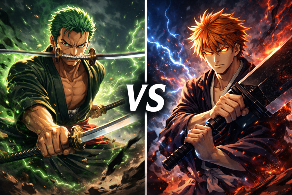 A stylish versus poster highlighting the strengths of both iconic anime fighters.