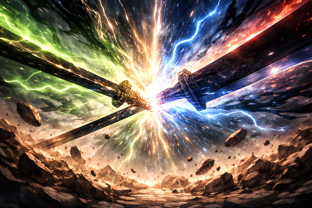 A powerful mid-air sword clash sending shockwaves across the battlefield.