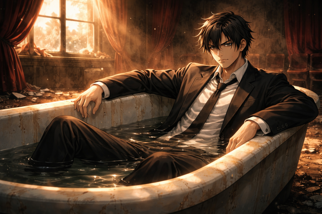 A symbolic scene showing a man attempting to cleanse himself while still trapped in his identity.