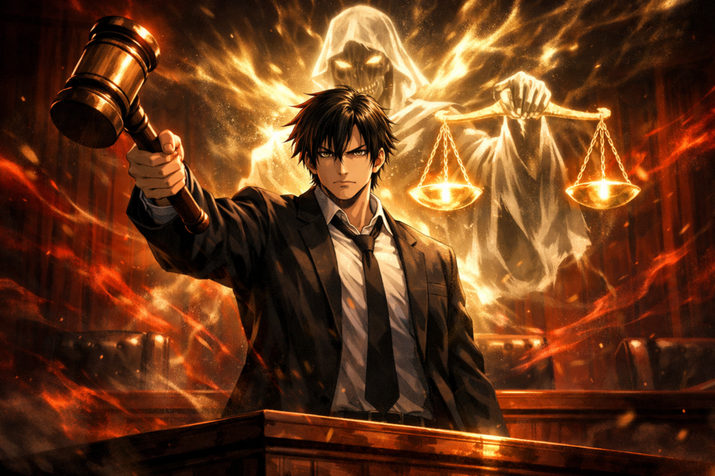 A powerful visual of the modern sorcerer standing as judge,