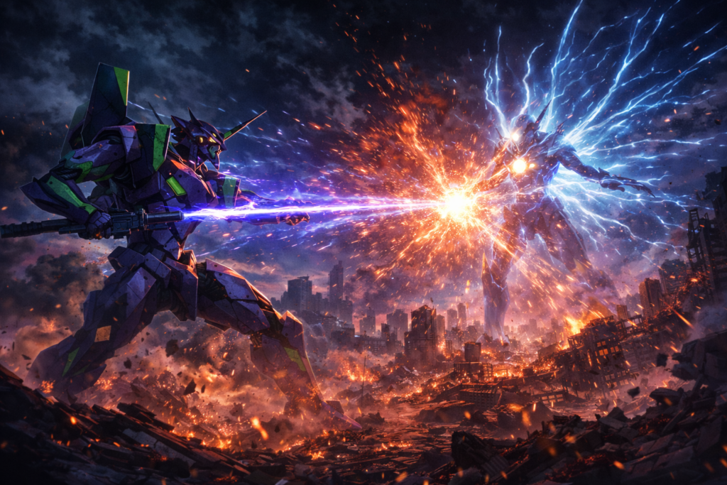An action-packed visual inspired by Evangelion’s iconic battles between Eva units and powerful enemies.