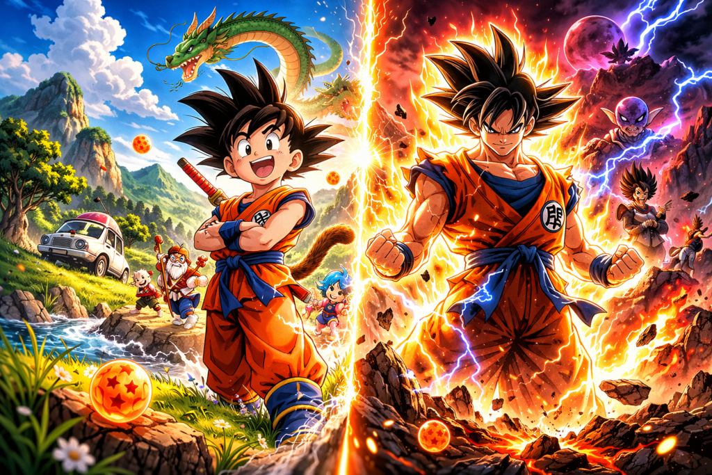 Shows the evolution from lighthearted adventure to high-stakes battles across decades.