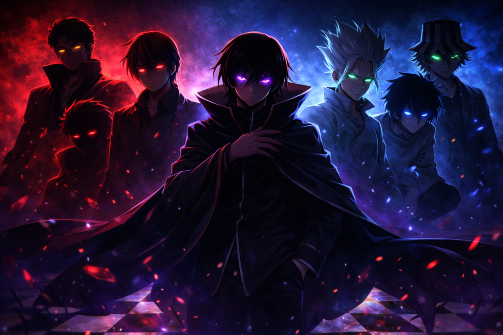 A bold and clickable visual showcasing the top high IQ anime masterminds in one powerful composition