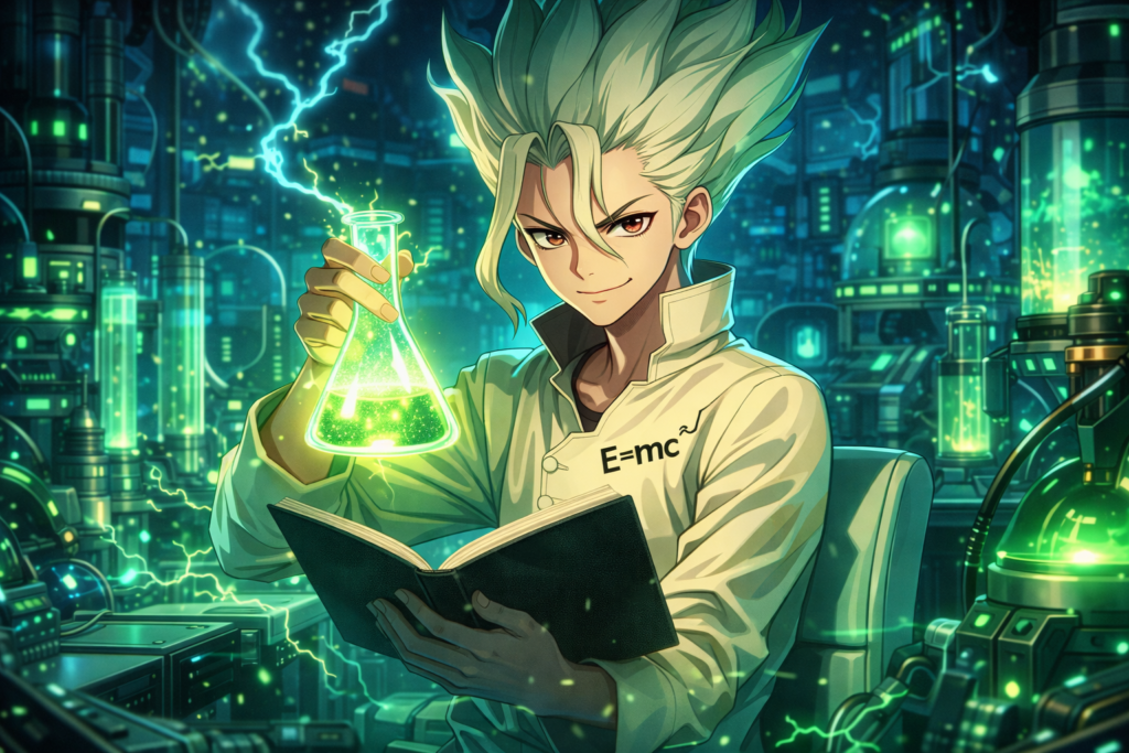 A dynamic science-themed artwork symbolizing innovation, logic, and rebuilding civilization through knowledge.