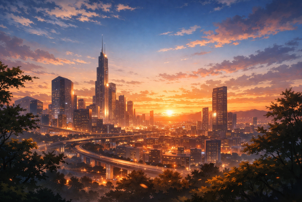 A nostalgic sunset over a futuristic city symbolizing the emotional farewell to Academy City after 19 years.