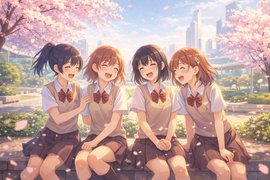 A heartwarming scene capturing the friendship and slice-of-life charm that defined the series.