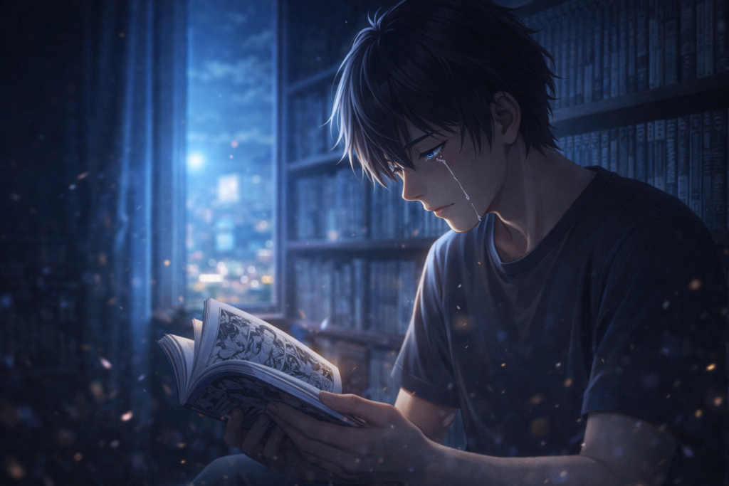 An emotional tribute visual showing a longtime fan reflecting on the manga’s ending.