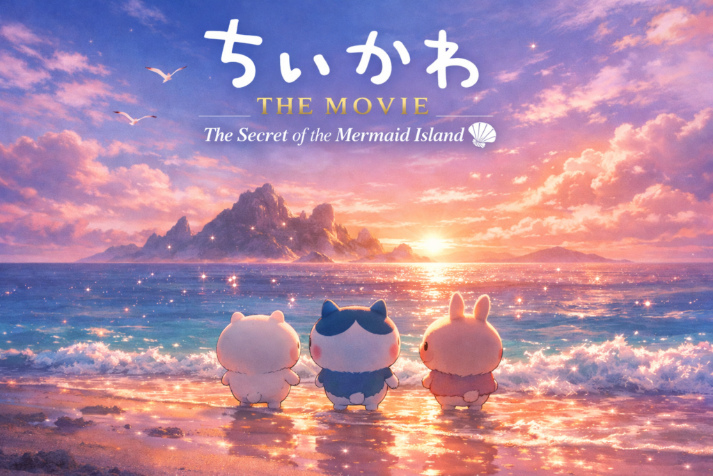 A dreamy sunset key visual showing Chiikawa and friends on a glowing beach