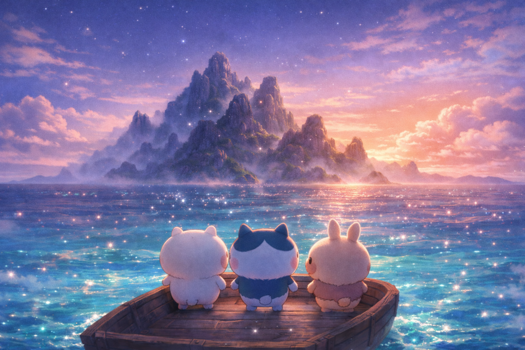 The mysterious Mermaid Island appears in glowing twilight waters as Chiikawa and friends approach cautiously.