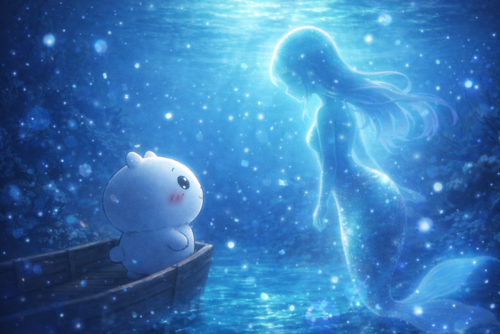 A touching underwater moment between Chiikawa and the mysterious siren, highlighting the arc’s emotional depth.